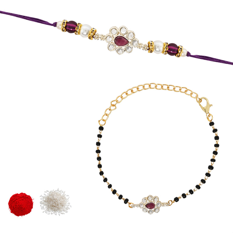 Elegant Bhaiya Bhabhi Pearl Lumba Mangalsutra Bracelet & Rakhi With Roli Chawal & Card