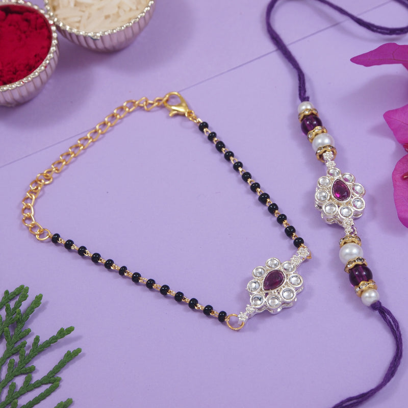 Elegant Bhaiya Bhabhi Pearl Lumba Mangalsutra Bracelet & Rakhi With Roli Chawal & Card