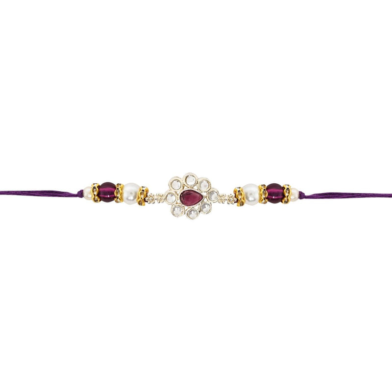 Delicate Pearl Beads Wine Rakhi with Roli Chawal & Rakshabandhan Card