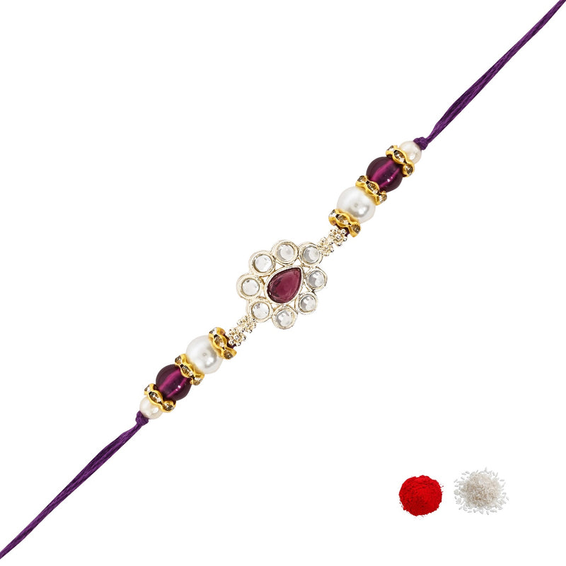 Delicate Pearl Beads Wine Rakhi with Roli Chawal & Rakshabandhan Card