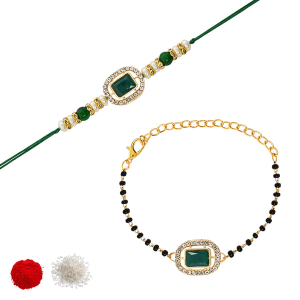 Elegant Bhaiya Bhabhi Pearl Lumba Mangalsutra Bracelet & Rakhi With Roli Chawal & Card