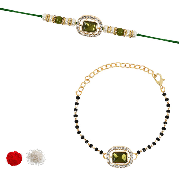 Elegant Bhaiya Bhabhi Pearl Lumba Mangalsutra Bracelet & Rakhi With Roli Chawal & Card