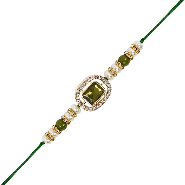 Elegant Bhaiya Bhabhi Pearl Lumba Mangalsutra Bracelet & Rakhi With Roli Chawal & Card