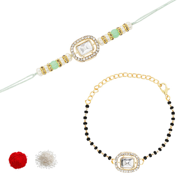 Elegant Bhaiya Bhabhi Pearl Lumba Mangalsutra Bracelet & Rakhi With Roli Chawal & Card