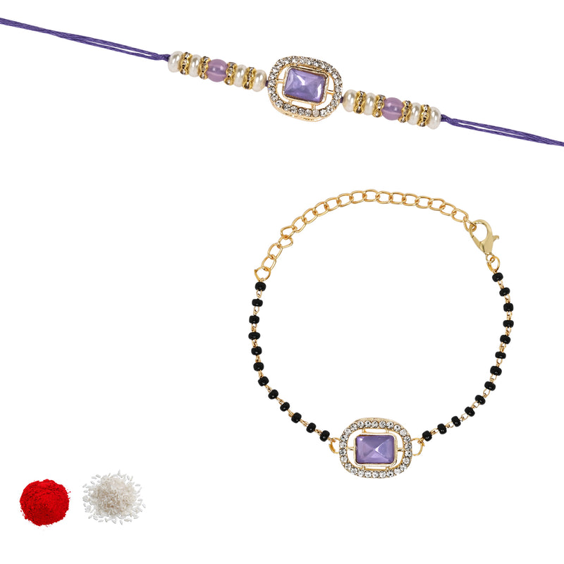 Elegant Bhaiya Bhabhi Pearl Lumba Mangalsutra Bracelet & Rakhi With Roli Chawal & Card