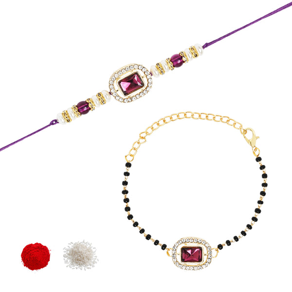 Elegant Bhaiya Bhabhi Pearl Lumba Mangalsutra Bracelet & Rakhi With Roli Chawal & Card