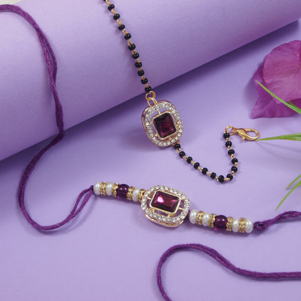 Elegant Bhaiya Bhabhi Pearl Lumba Mangalsutra Bracelet & Rakhi With Roli Chawal & Card