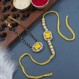 Elegant Bhaiya Bhabhi Pearl Lumba Mangalsutra Bracelet & Rakhi With Roli Chawal & Card