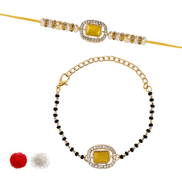 Elegant Bhaiya Bhabhi Pearl Lumba Mangalsutra Bracelet & Rakhi With Roli Chawal & Card