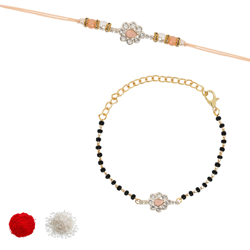 Elegant Bhaiya Bhabhi Pearl Lumba Mangalsutra Bracelet & Rakhi With Roli Chawal & Card