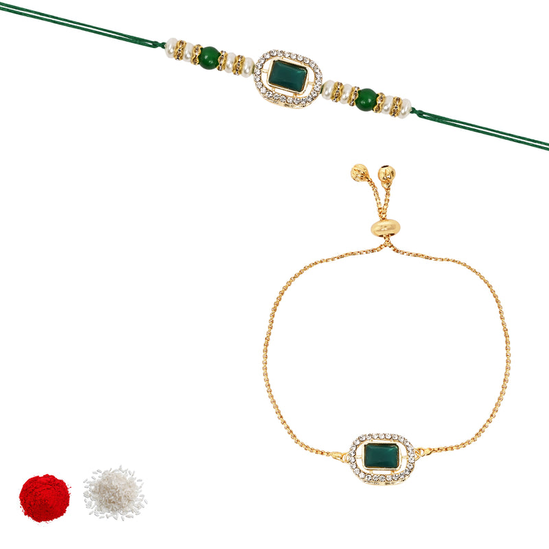 Designer Bhaiya Bhabhi Green Lumba Bracelet & Rakhi With Roli Chawal & Card