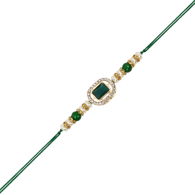 Designer Bhaiya Bhabhi Green Lumba Bracelet & Rakhi With Roli Chawal & Card