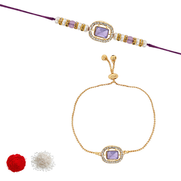 Designer Bhaiya Bhabhi Purple Lumba Bracelet & Rakhi With Roli Chawal & Card