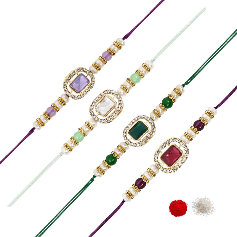 Elegance Kundan & Pearl Beads Rakhi with Roli Chawal & Card (Pack of 4)