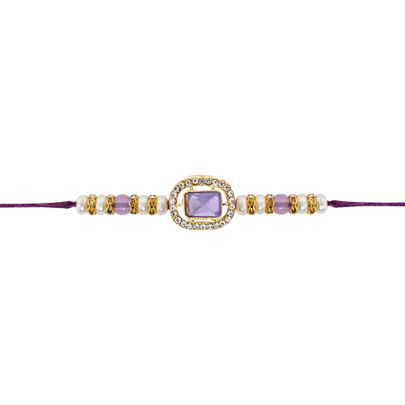 Delicate Pearl Beads Purple Rakhi with Roli Chawal & Rakshabandhan Card