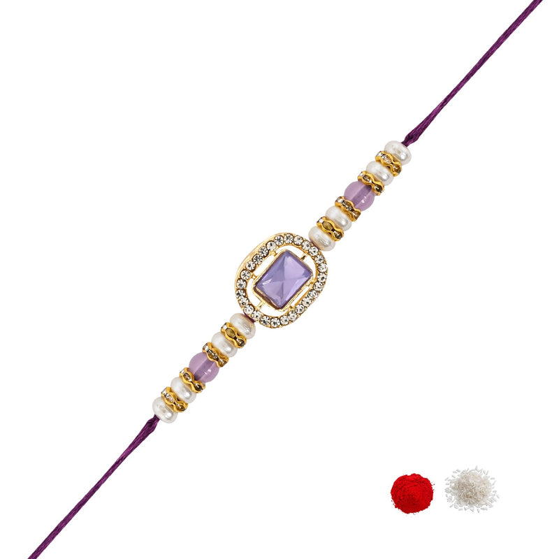 Delicate Pearl Beads Purple Rakhi with Roli Chawal & Rakshabandhan Card