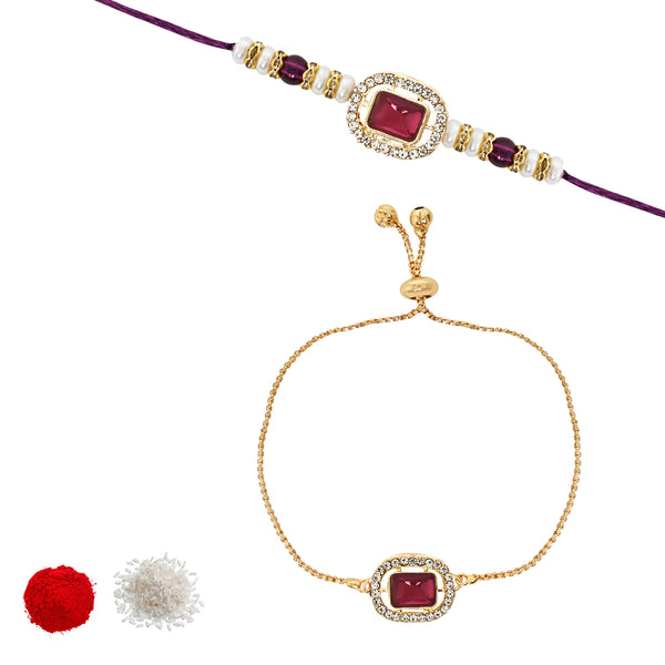 Designer Bhaiya Bhabhi wine Lumba Bracelet & Rakhi With Roli Chawal & Card