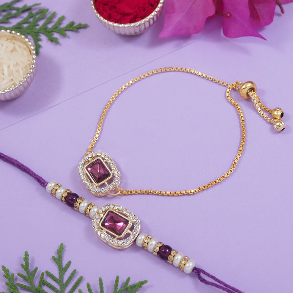 Designer Bhaiya Bhabhi wine Lumba Bracelet & Rakhi With Roli Chawal & Card