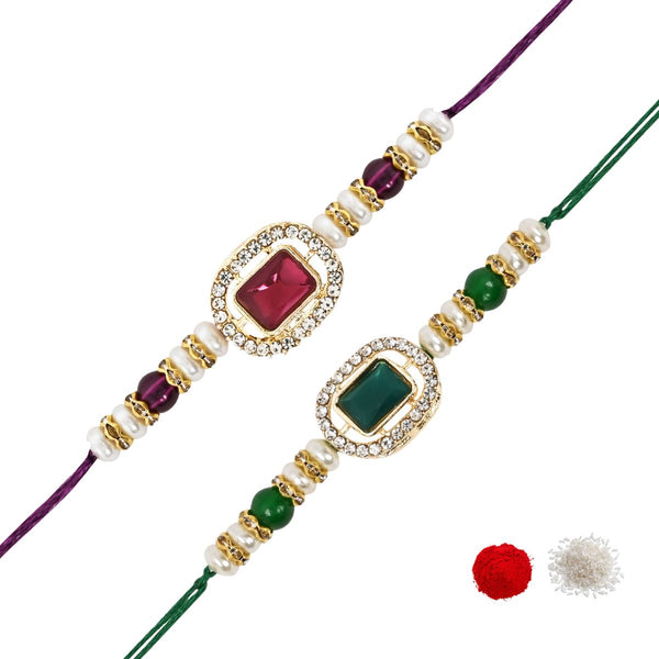 Elegance Kundan & Pearl Beads Rakhi with Roli Chawal & Card (Pack of 2)