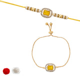 Designer Bhaiya Bhabhi Yellow Lumba Bracelet & Rakhi With Roli Chawal & Card