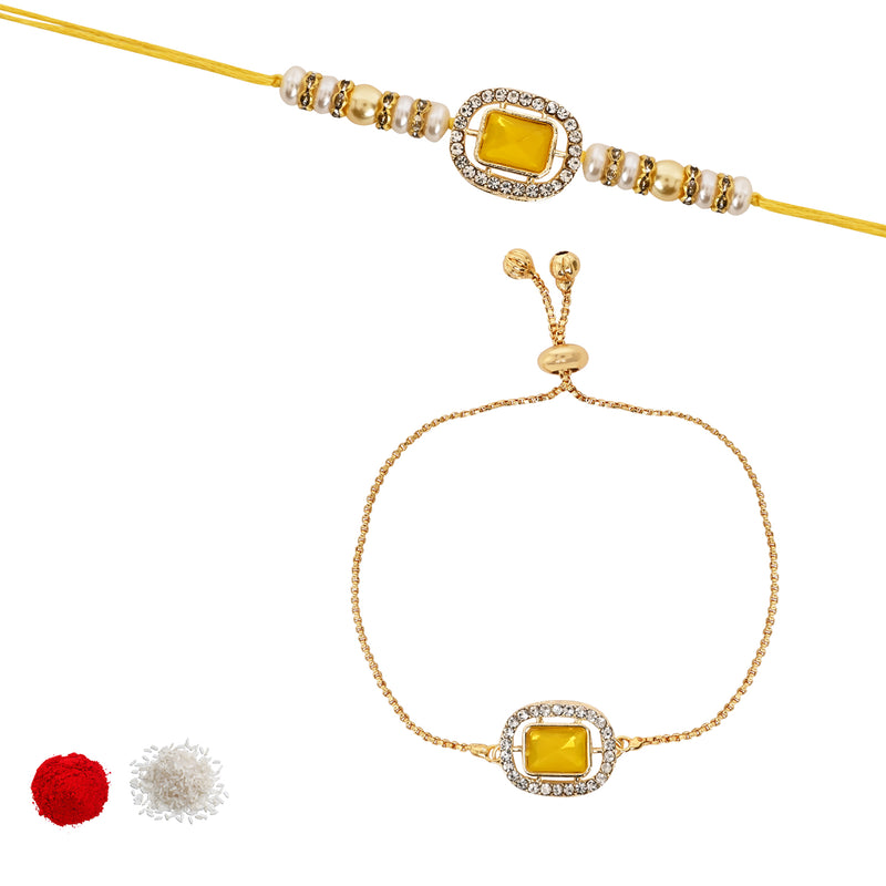 Designer Bhaiya Bhabhi Yellow Lumba Bracelet & Rakhi With Roli Chawal & Card