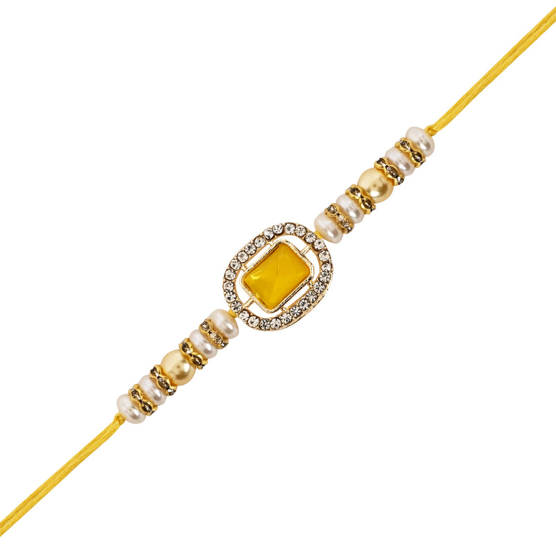 Designer Bhaiya Bhabhi Yellow Lumba Bracelet & Rakhi With Roli Chawal & Card