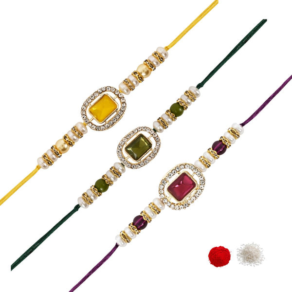 Elegance Kundan & Pearl Beads Rakhi with Roli Chawal & Card (Pack of 3)