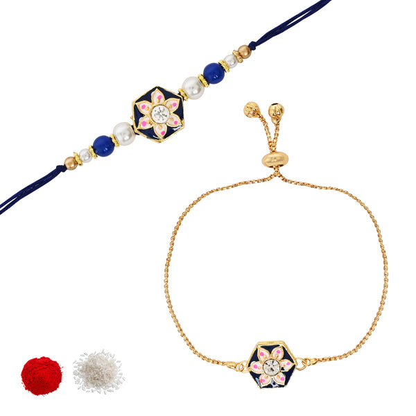 Designer Bhaiya Bhabhi Blue Lumba Bracelet & Rakhi With Roli Chawal & Card