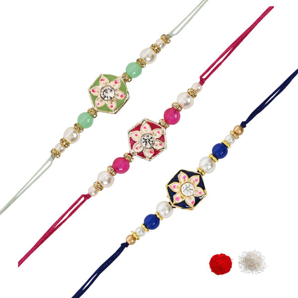 Elegance Kundan & Pearl Beads Rakhi with Roli Chawal & Card (Pack of 3)