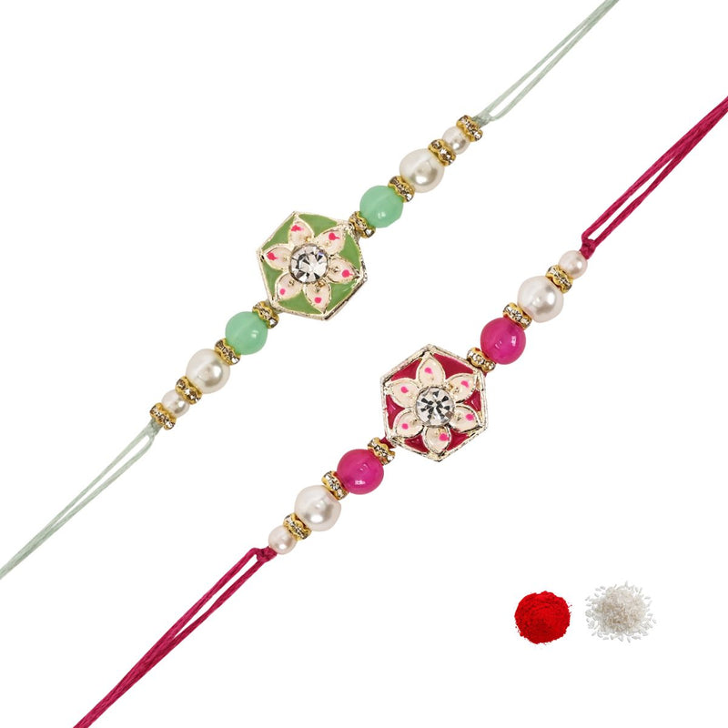 Elegance Kundan & Pearl Beads Rakhi with Roli Chawal & Card (Pack of 2)