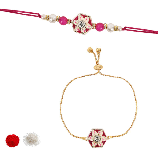 Designer Bhaiya Bhabhi pink Lumba Bracelet & Rakhi With Roli Chawal & Card