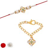 Mint Pearl & Kundan Rakhi & Watch Charm Lumba (Watch Accesories) Combo With Roli Chawal & Rakshabandhan Card