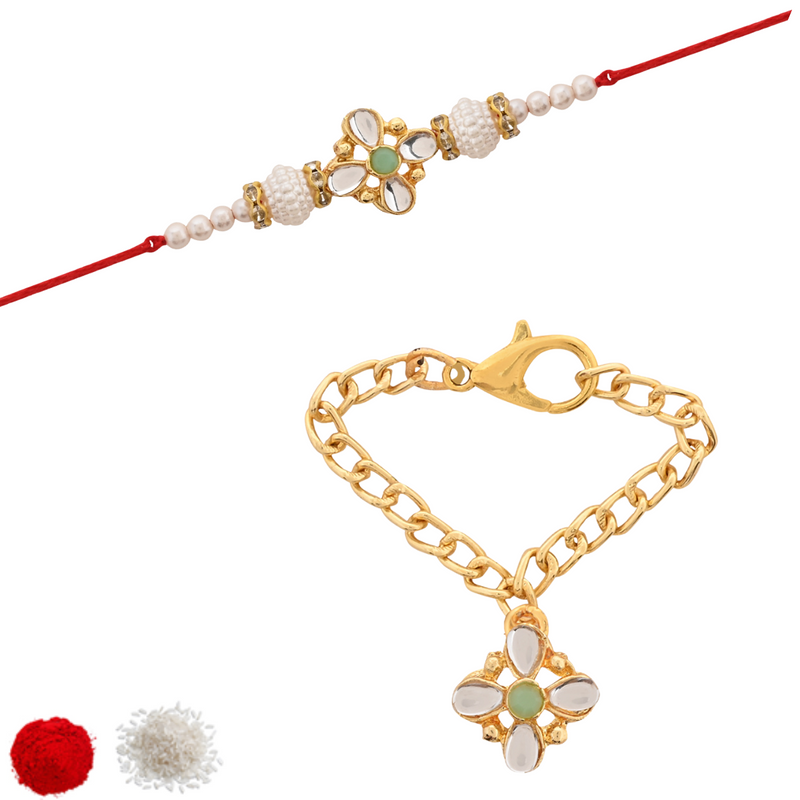 Mint Pearl & Kundan Rakhi & Watch Charm Lumba (Watch Accesories) Combo With Roli Chawal & Rakshabandhan Card