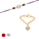 White Pearl & Kundan Rakhi & Watch Charm Lumba (Watch Accesories) Combo With Roli Chawal & Rakshabandhan Card