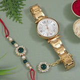 Green Pearl & Kundan Rakhi & Watch Charm Lumba (Watch Accesories) Combo With Roli Chawal & Rakshabandhan Card