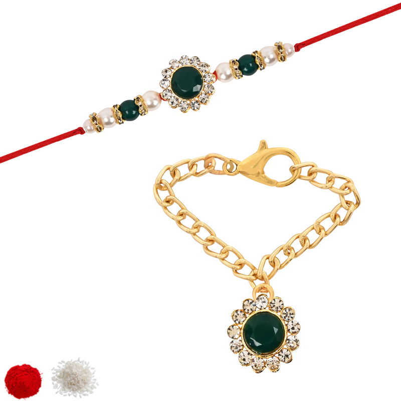 Green Pearl & Kundan Rakhi & Watch Charm Lumba (Watch Accesories) Combo With Roli Chawal & Rakshabandhan Card