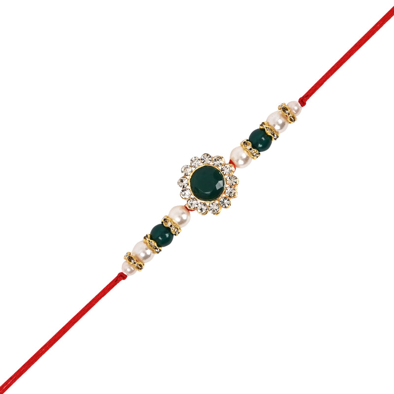 Green Pearl & Kundan Rakhi & Watch Charm Lumba (Watch Accesories) Combo With Roli Chawal & Rakshabandhan Card