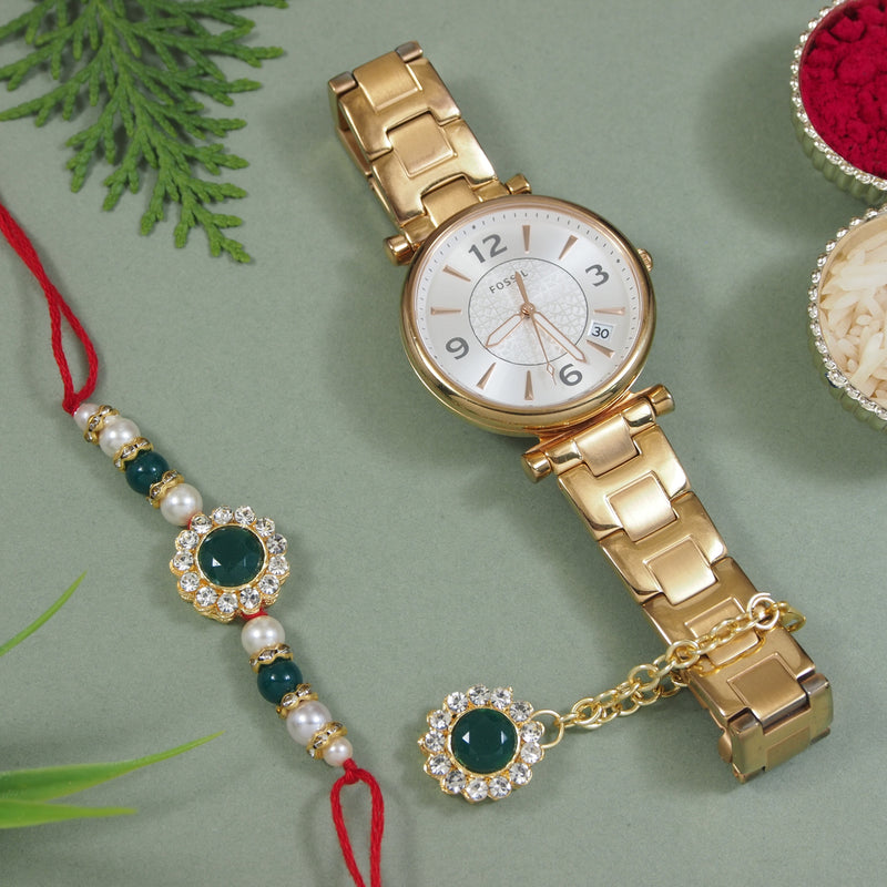 Green Pearl & Kundan Rakhi & Watch Charm Lumba (Watch Accesories) Combo With Roli Chawal & Rakshabandhan Card