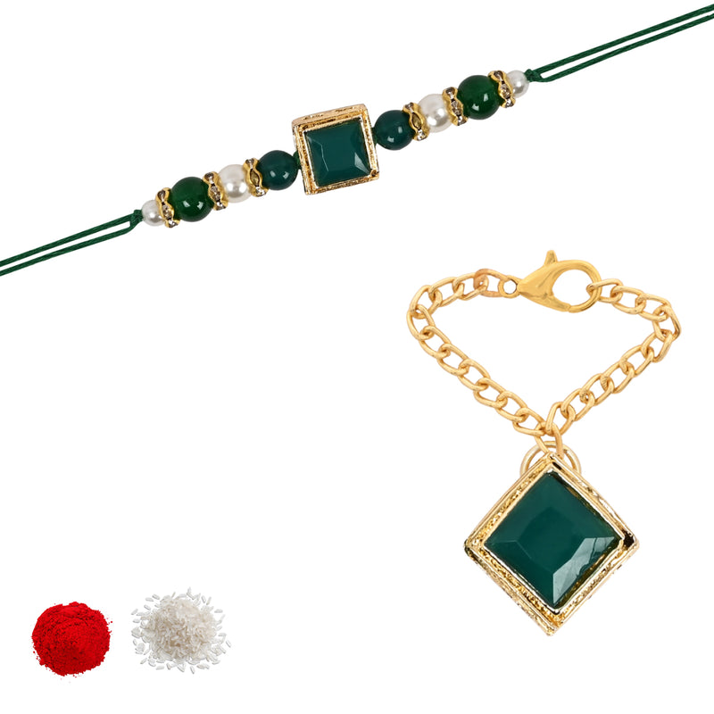 Green Pearl & Kundan Rakhi & Watch Charm Lumba (Watch Accesories) Combo With Roli Chawal & Rakshabandhan Card