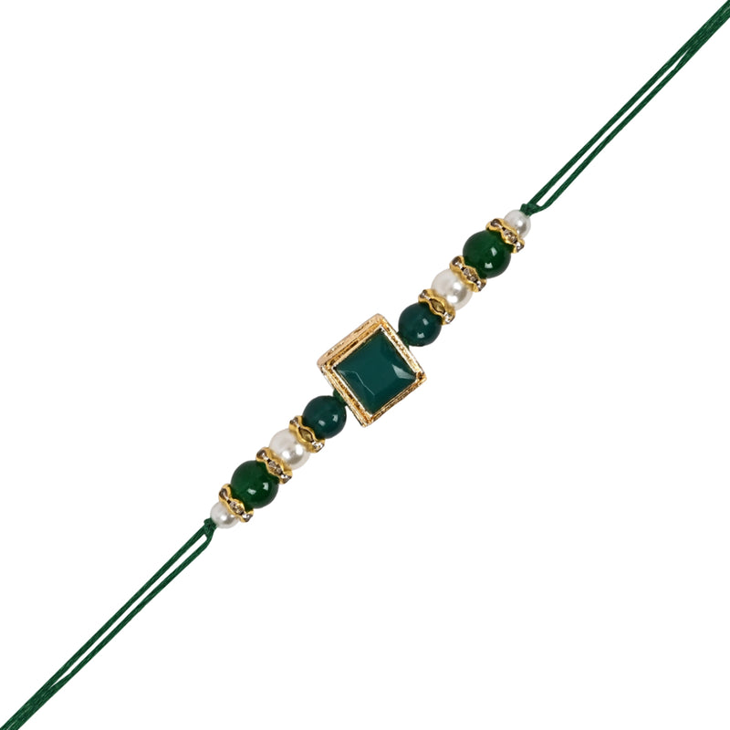 Green Pearl & Kundan Rakhi & Watch Charm Lumba (Watch Accesories) Combo With Roli Chawal & Rakshabandhan Card