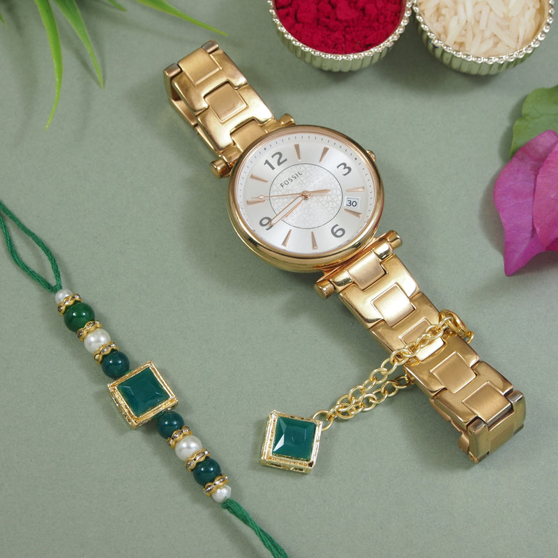 Green Pearl & Kundan Rakhi & Watch Charm Lumba (Watch Accesories) Combo With Roli Chawal & Rakshabandhan Card