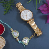 Mint Pearl & Kundan Rakhi & Watch Charm Lumba (Watch Accesories) Combo With Roli Chawal & Rakshabandhan Card