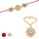 White Pearl & Kundan Rakhi & Watch Charm Lumba (Watch Accesories) Combo With Roli Chawal & Rakshabandhan Card