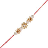 White Pearl & Kundan Rakhi & Watch Charm Lumba (Watch Accesories) Combo With Roli Chawal & Rakshabandhan Card