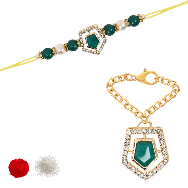 Green Pearl & Kundan Rakhi & Watch Charm Lumba (Watch Accesories) Combo With Roli Chawal & Rakshabandhan Card