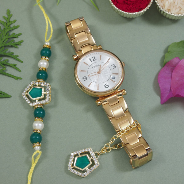 Green Pearl & Kundan Rakhi & Watch Charm Lumba (Watch Accesories) Combo With Roli Chawal & Rakshabandhan Card