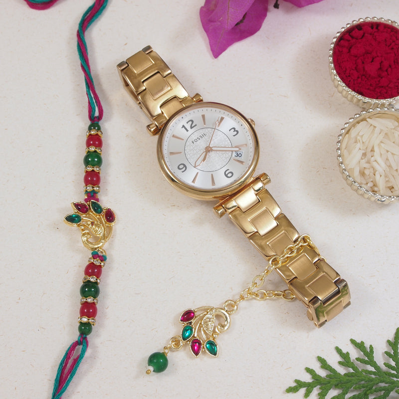 Pearl & Kundan Rakhi & Watch Charm Lumba (Watch Accesories) Combo With Roli Chawal & Rakshabandhan Card