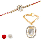 White Pearl & Kundan Rakhi & Watch Charm Lumba (Watch Accesories) Combo With Roli Chawal & Rakshabandhan Card