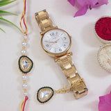 Green Pearl & Kundan Rakhi & Watch Charm Lumba (Watch Accesories) Combo With Roli Chawal & Rakshabandhan Card