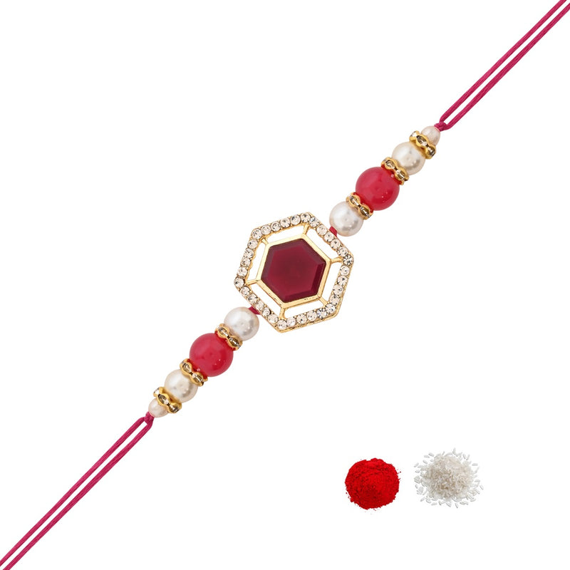 Maroon Pearl & Kundan Rakhi & Watch Charm Lumba (Watch Accesories) Combo With Roli Chawal & Rakshabandhan Card